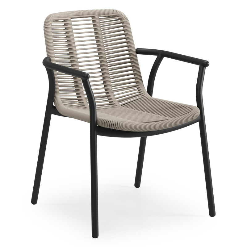 Reza tuinset in zwart aluminium en notte minerale sintered stone met 8 stapelbare Berga tuinstoelen