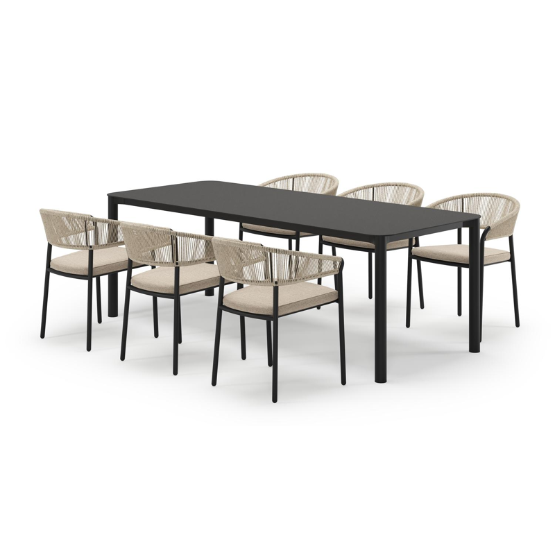 Mira rechthoekige afgeronde tuinset in zwart aluminium en sintered stone notte minerale met 6 Zamora tuinstoelen