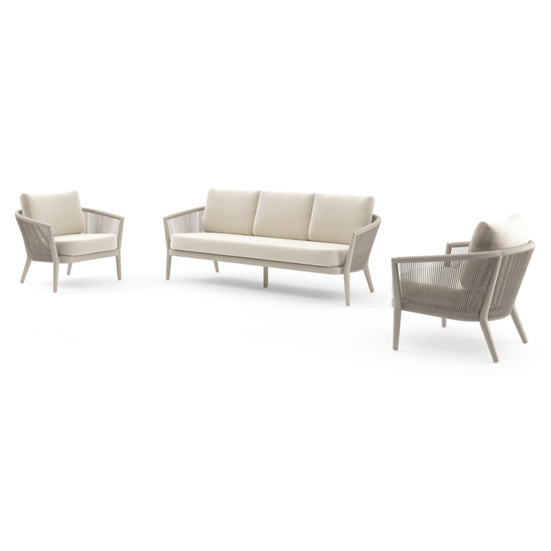 Orso loungeset in beige aluminium en beige verticaal geweven ronde rope met Althea Off White all weather cosytica kussen