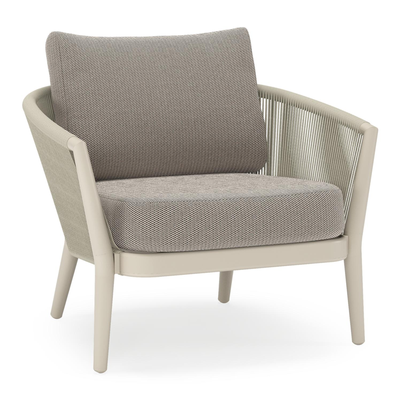 Orso loungestoel in beige aluminium en beige verticaal geweven ronde rope met Lopi Pepper all weather sunbrella® luxe kussen