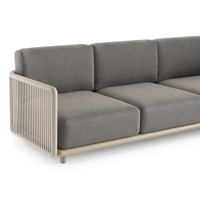 Organo loungehoek in beige aluminium en beige verticaal geweven luxe vlakke rope met chartres drizzle all weather Sunbrella® luxe kussen