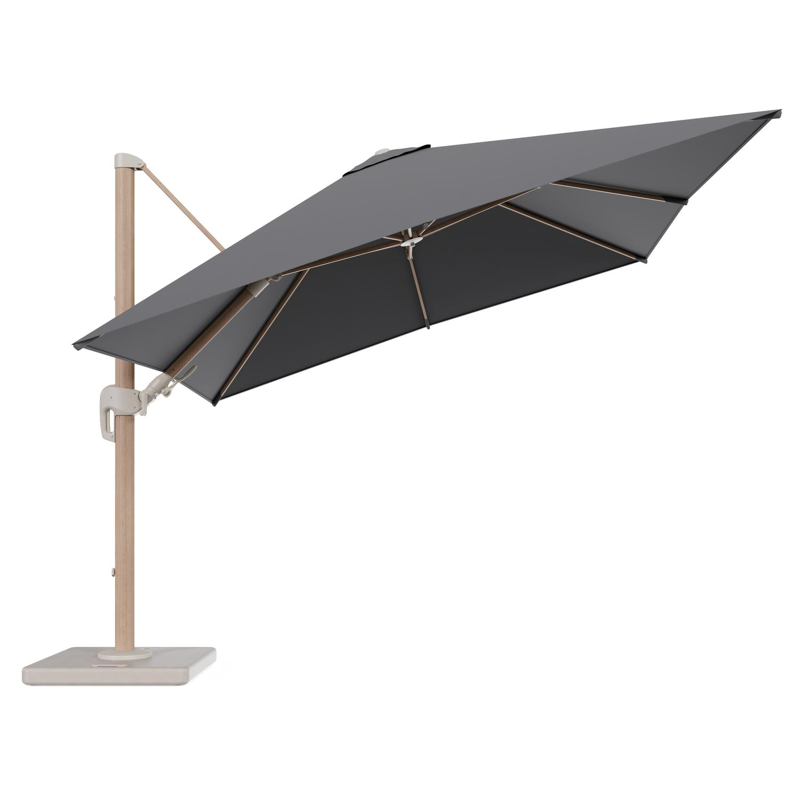 Rufina zweefparasol tiltfunctie in houtlook aluminium en parasoldoek in All Weather Sunbrella® Luxe Natte Charcoal Chine - L1 300 x L2 300 cm met parasolvoet Lapido 120 kg