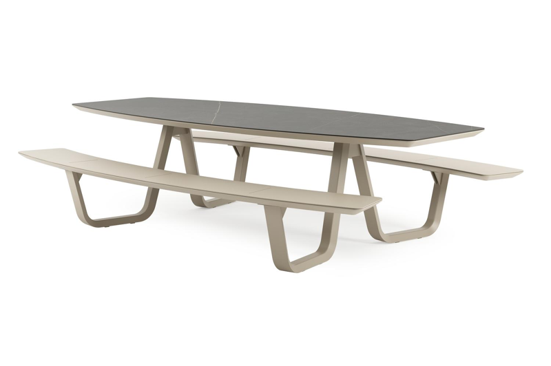 Forno picknicktafel bootvorm in beige aluminium en volkeramiek Calatorao - L 280 x B 192 x H 72 cm