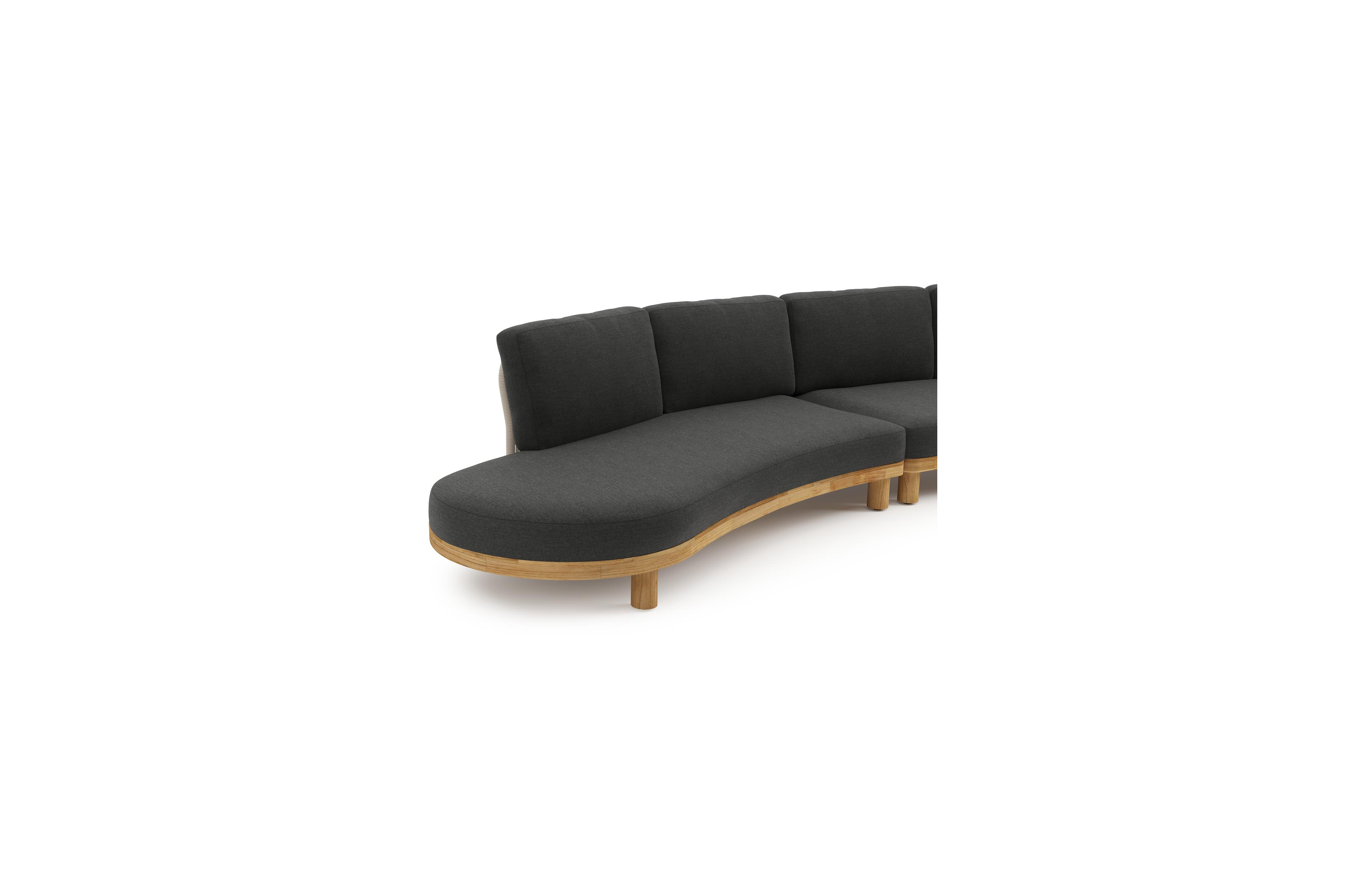 Donato loungebank in teak en beige verticaal geweven ronde rope met all weather sunbrella® luxe Chartres Sooty kussen