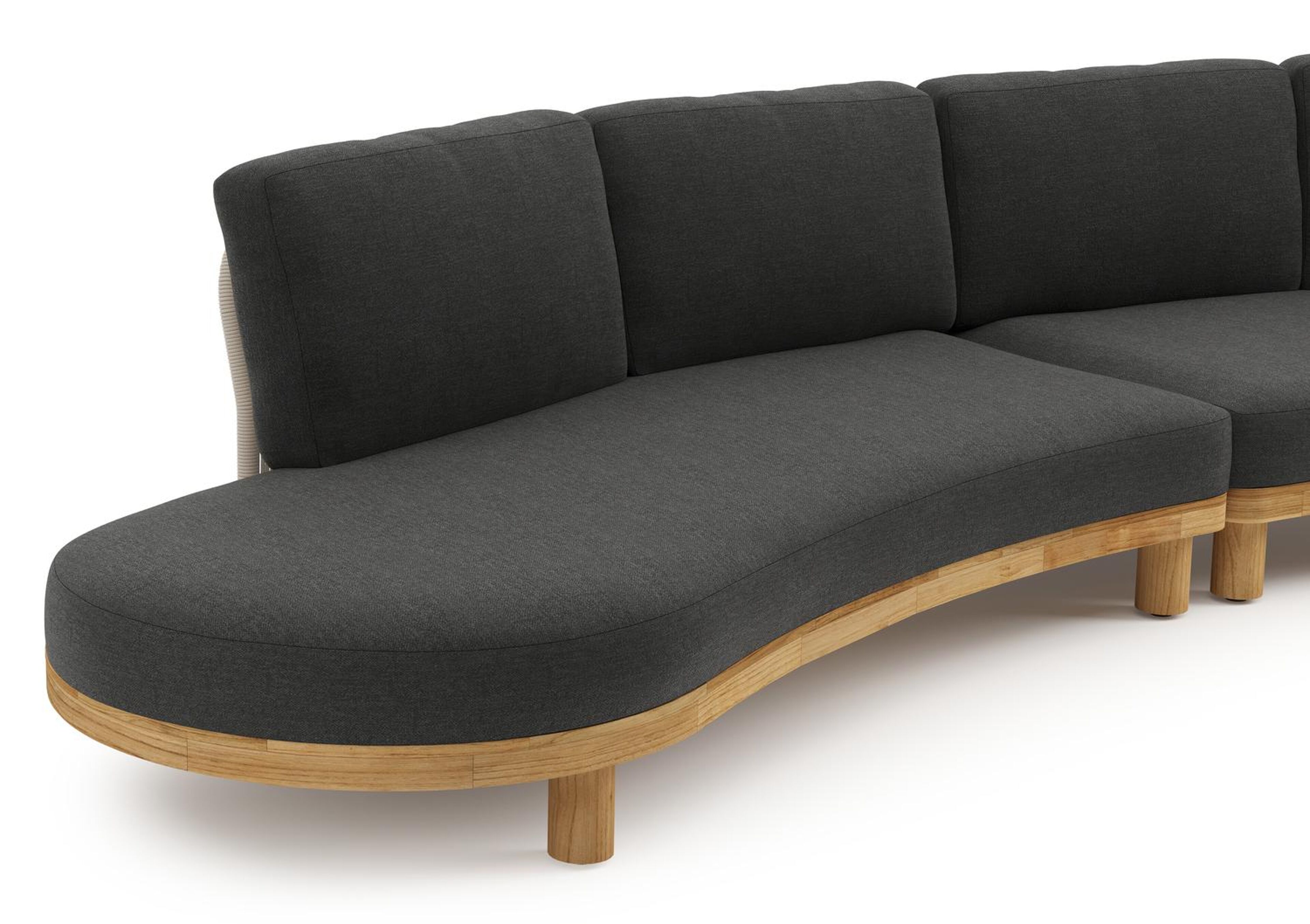 Donato loungebank in teak en beige verticaal geweven ronde rope met all weather sunbrella® luxe Chartres Sooty kussen