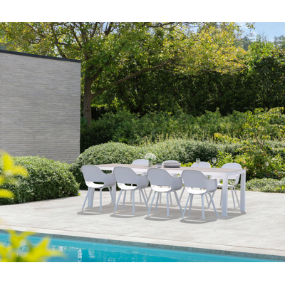 Ensemble de jardin Varese en aluminium blanc avec plateau de table en céramique pleine gris et 8 chaises de jardin Artena