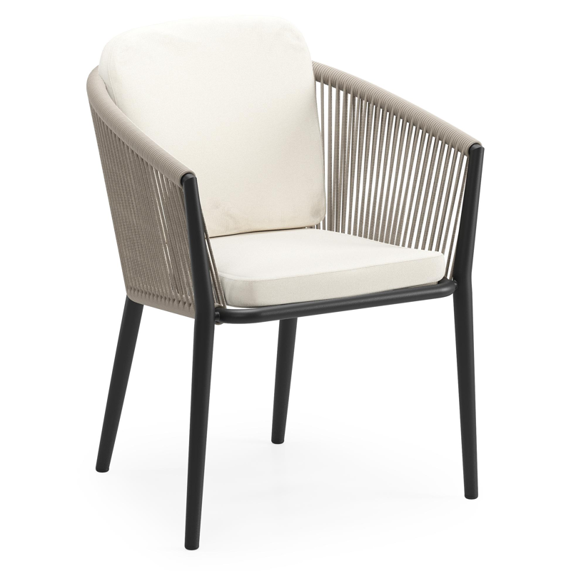 Orso tuinstoel in zwart aluminium en beige verticaal geweven ronde rope met luxe zitkussen in All Weather Sunbrella® Luxe Natte White