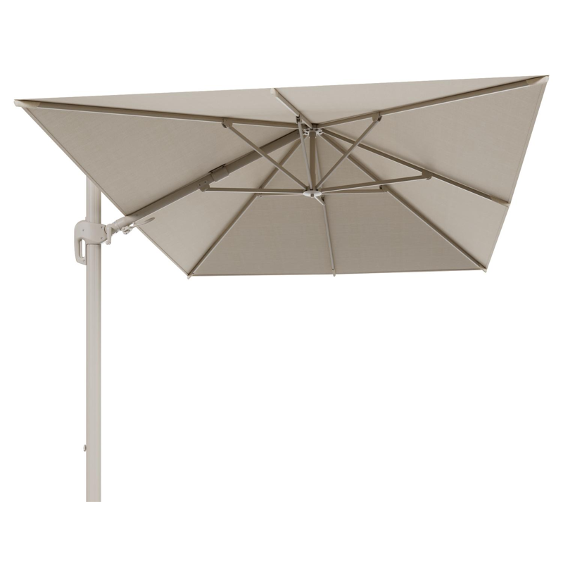 Rufina zweefparasol met tiltfunctie in beige aluminium met beige all weather sunbrella® premium parasoldoek - L1 350 x L2 250 cm (zonder voet)