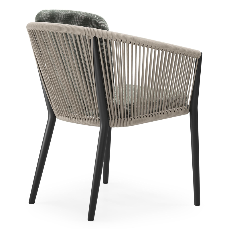 Orso tuinstoel in zwart aluminium en beige verticaal geweven ronde rope met zitkussen in All Weather Sunbrella® Luxe Slow Fern