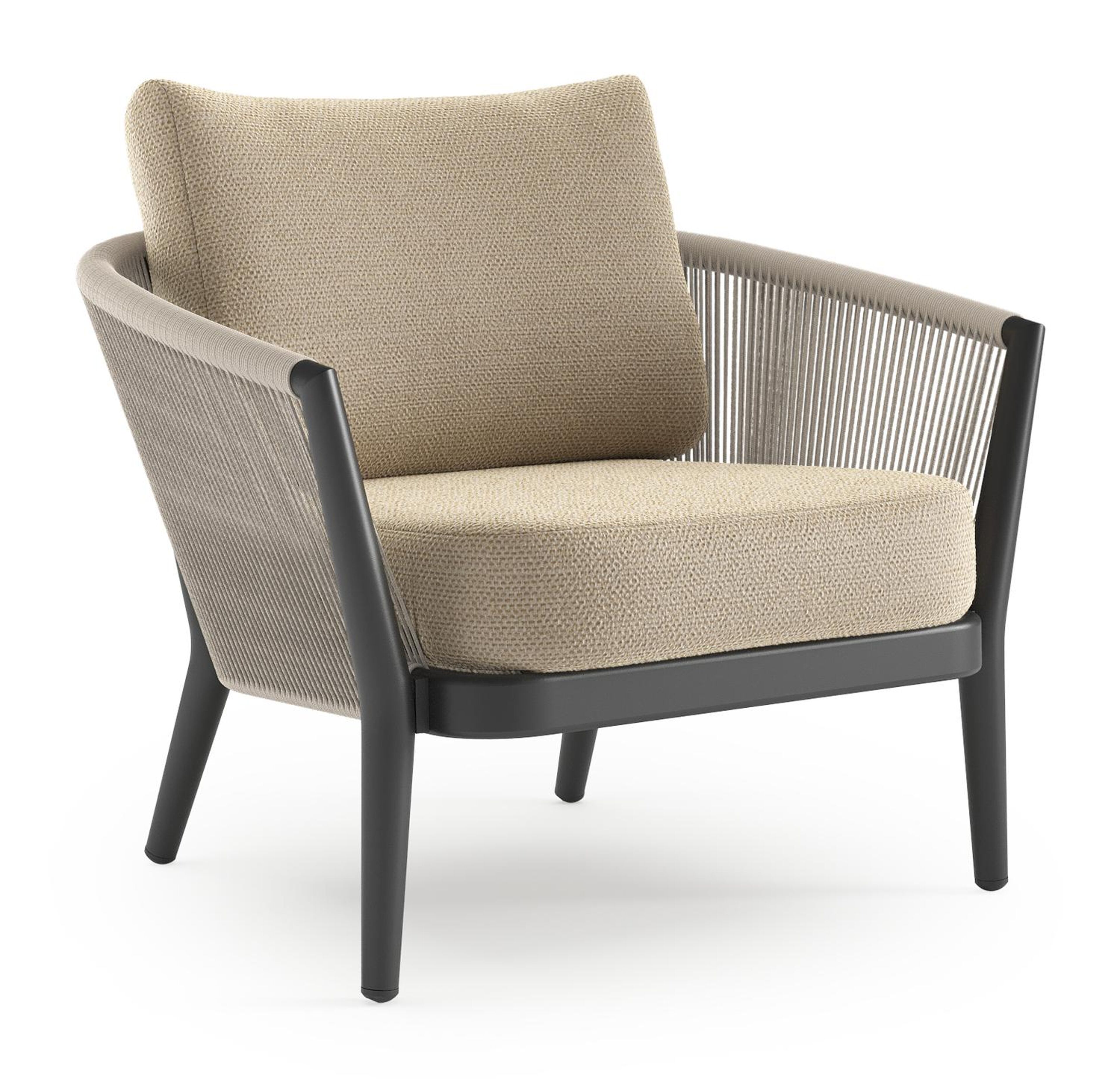 Fauteuil de jardin Orso en aluminium noir en corde ronde tissée verticalement beige et coussins en all weather cosytica Althea Camel