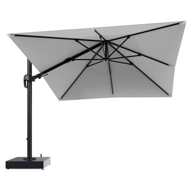 Rufina zweefparasol met tiltfunctie in zwart aluminium en Soul Optik All Weather Solica parasoldoek - L1 300 x L2 300 cm met parasolvoet Minore 150 kg met wielen