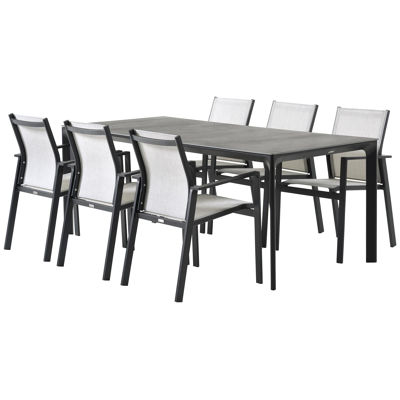 Fina tuinset in zwart aluminium en grijs keramische print tafelblad met 6 stapelbare Bahia tuinstoelen