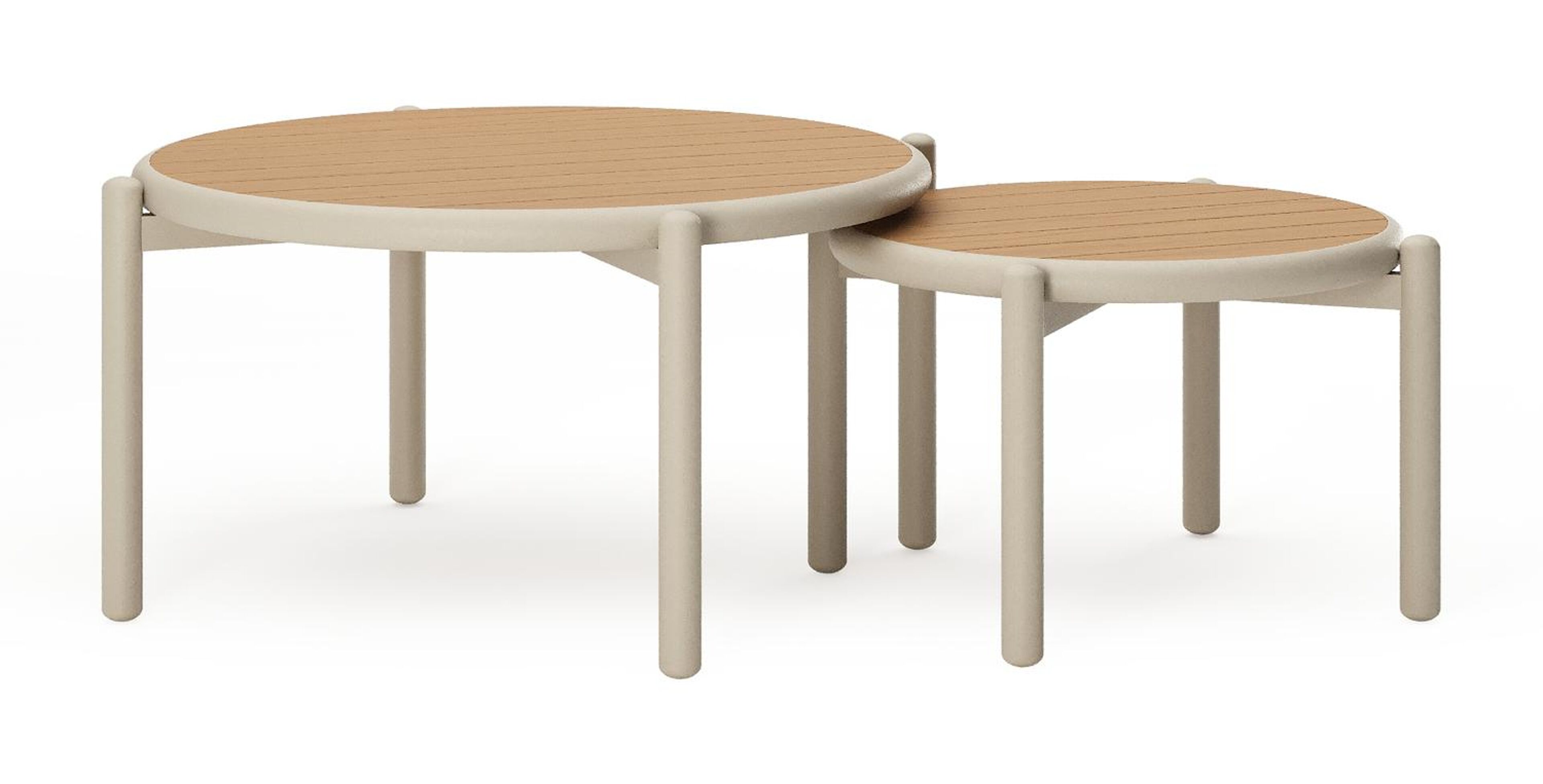Pulo loungetafels in beige aluminium en polywood - Dia. 70 - 50 x H. 37.5 - Tafel 1: Dia. 70 x H 38 cm / Tafel 2: Dia. 50 x H 33 cm