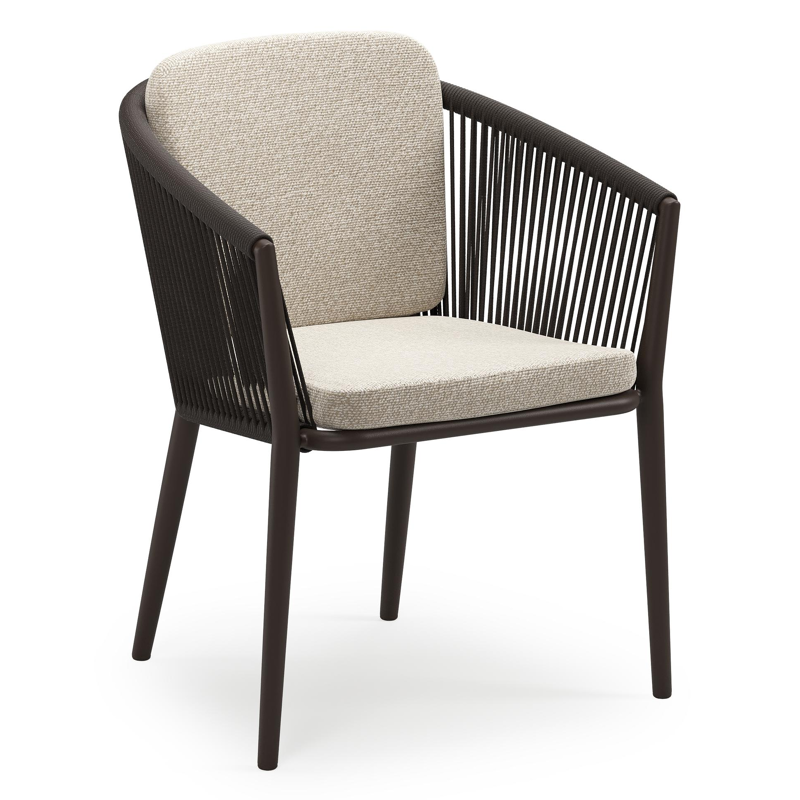 Chaise de jardin empilable Orso en aluminium brun foncé et corde ronde tissée verticalement brun foncé avec coussin en All Weather Cosytica Marbella Ecru