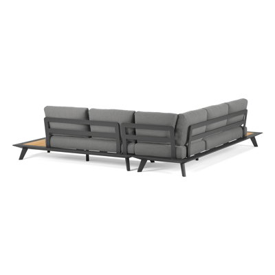 Salon de jardin d'angle Puglia en aluminium noir et teck avec coussin en gris all weather sunbrella® premium