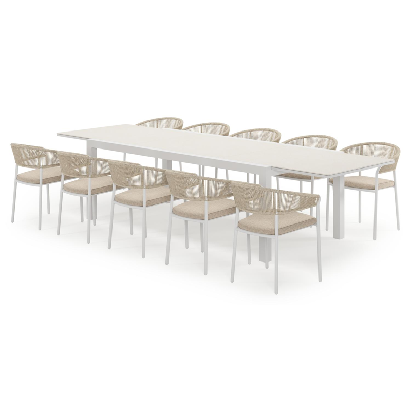 Calobra rechthoekige uitschuifbare tuinset in wit aluminium en sintered stone crema minerale met 10 Zamora tuinstoelen