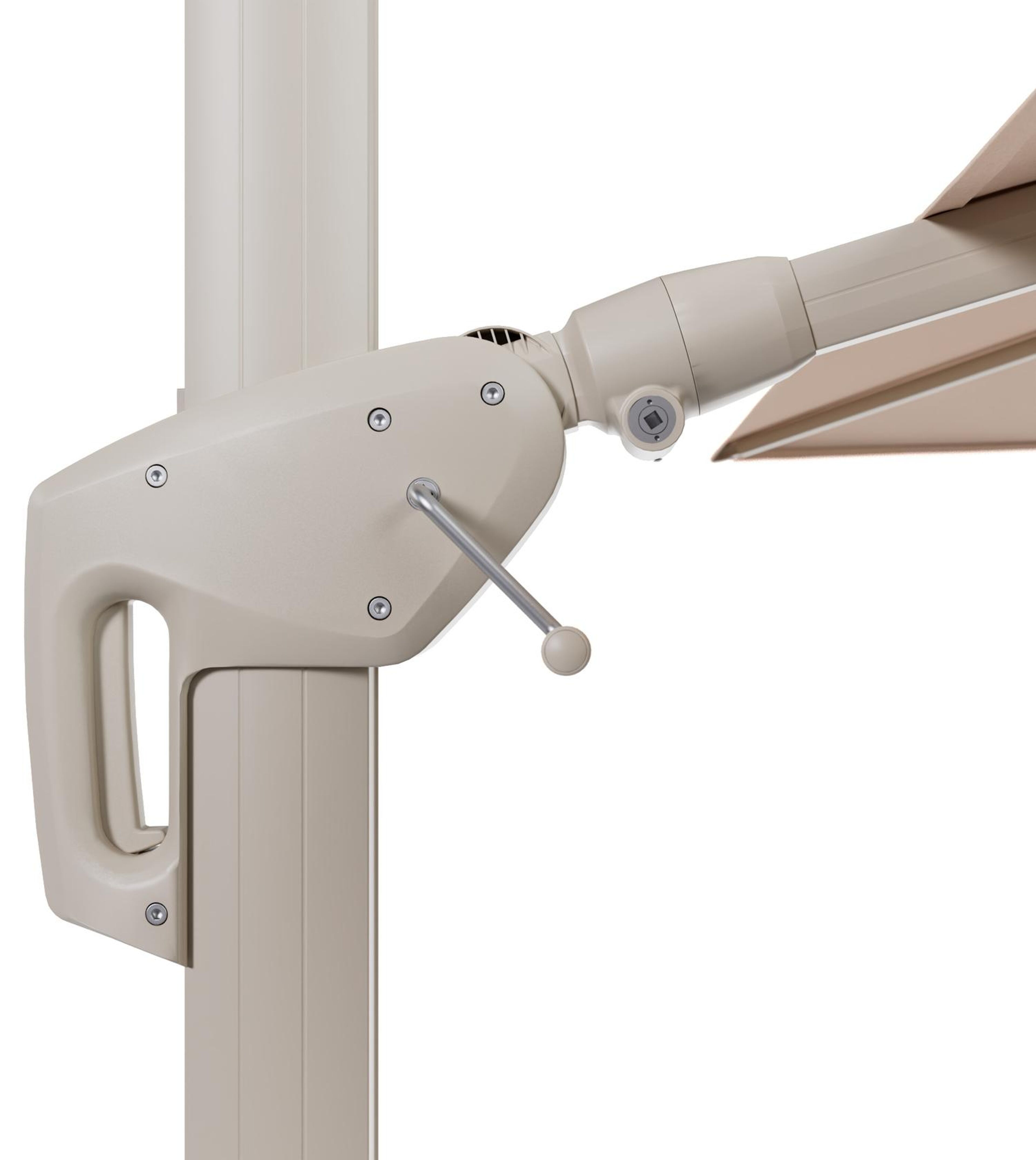 Minore zweefparasol met tiltfunctie in beige aluminium en Natte Linen Chalk All Weather Sunbrella® Luxe parasoldoek - L1 350 x L2 350 cm met parasolvoet Minore 260 kg met wielen