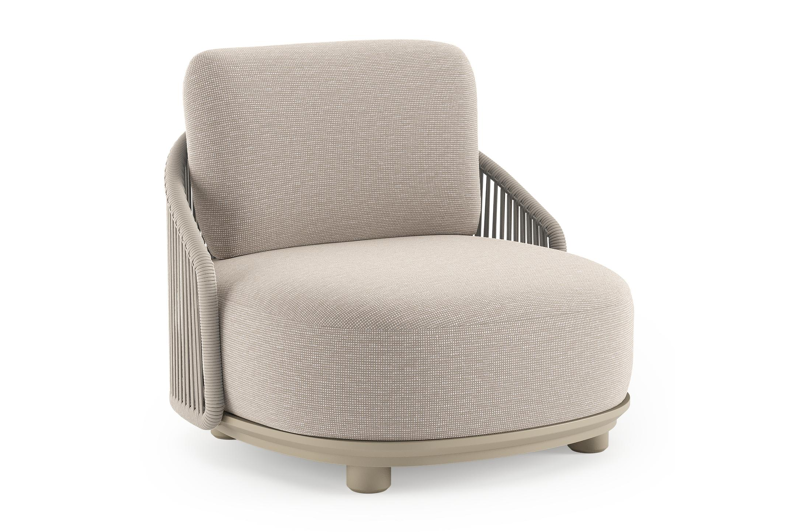 Fauteuil de jardin Vadelo en aluminium beige et corde ronde tissée verticalement beige et coussins en all weather sunbrella® luxe slow farafra