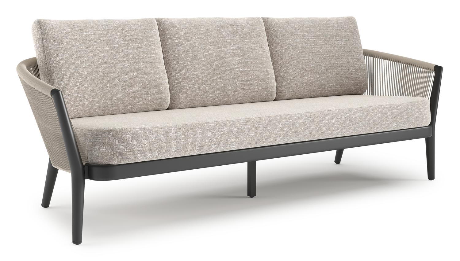 Canapé de jardin Orso en aluminium noir en corde ronde tissée verticalement beige et coussins en all weather sunbrella® luxe Tundra Sand