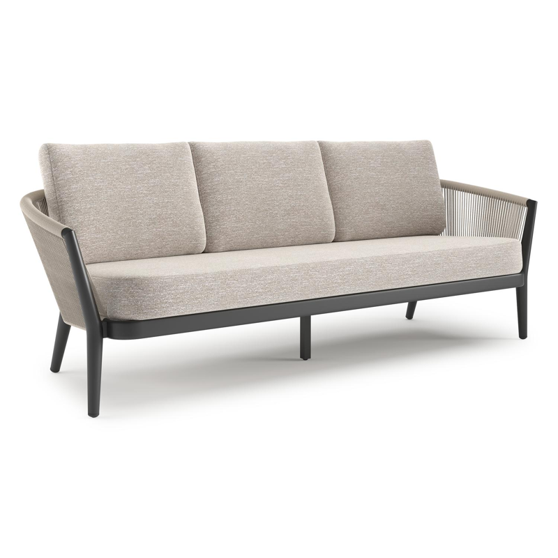 Canapé de jardin Orso en aluminium noir en corde ronde tissée verticalement beige et coussins en all weather sunbrella® luxe Tundra Sand