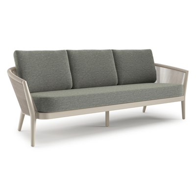 Canapé de jardin Orso en aluminium beige en corde ronde tissée verticalement beige et coussins en all weather sunbrella® luxe Slow Fern