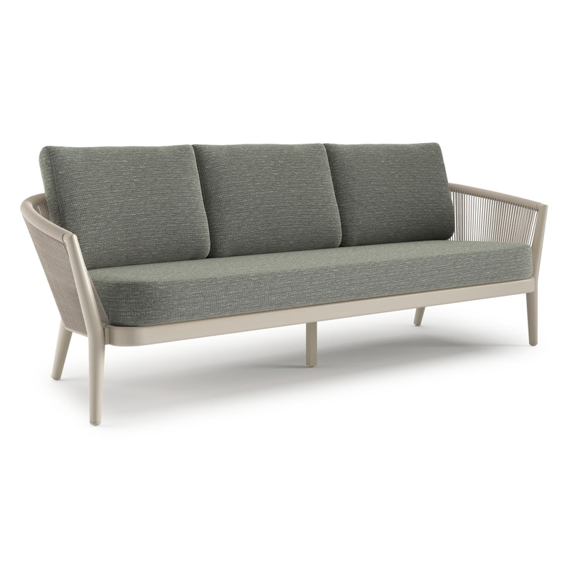 Orso loungebank in beige aluminium en beige verticaal geweven ronde rope met Slow Fern all weather sunbrella® luxe kussen