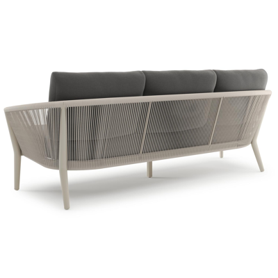 Orso loungebank in beige aluminium en beige verticaal geweven ronde rope met Natte Charcoal Chine all weather sunbrella® luxe kussen