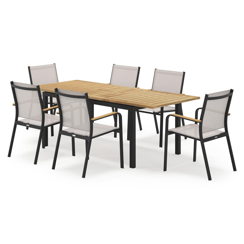 Amalfi rechthoekige uitschuifbare tuinset in zwart aluminium en teak naturel met 6 Amalfi tuinstoelen