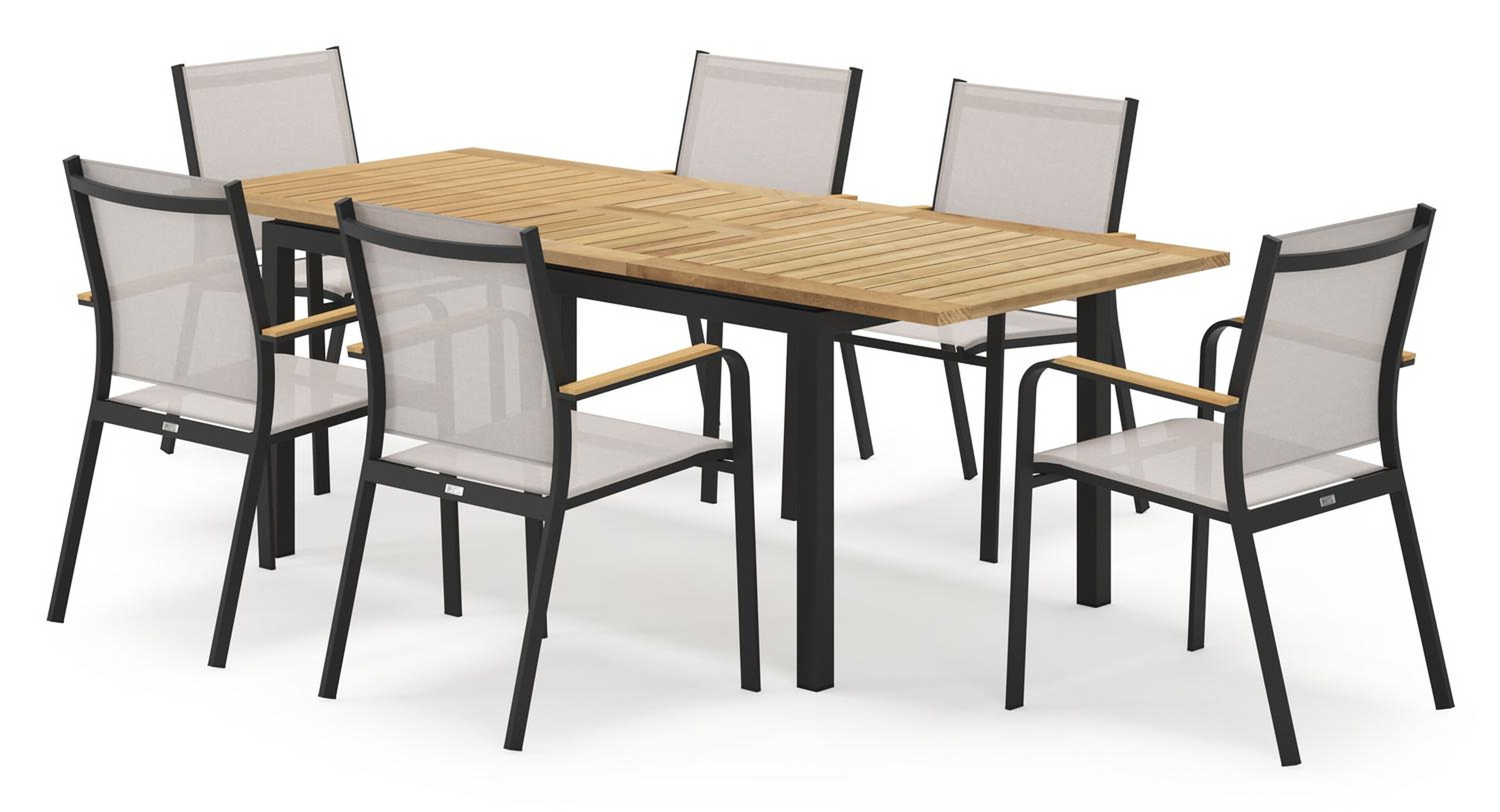 Amalfi rechthoekige uitschuifbare tuinset in zwart aluminium en teak naturel met 6 Amalfi tuinstoelen