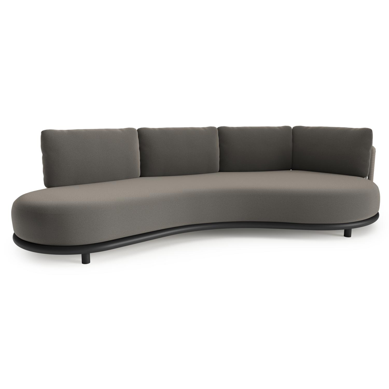 Lomano loungebank in zwart aluminium en beige verticaal geweven luxe vlakke rope met natte dark taupe all weather sunbrella® luxe kussen