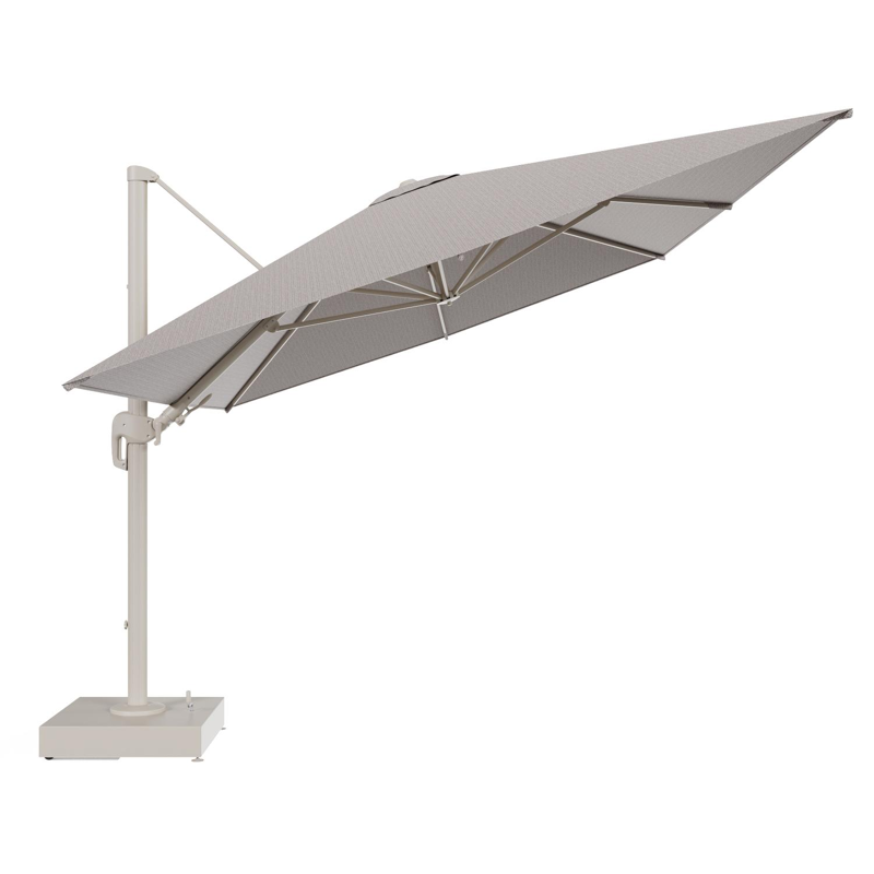 Parasol pendant Rufina avec fonction tilt en aluminium beige et toile de parasol All Weather Sunbrella® Luxe Wander Granite - Lg.1 400 x Lg.2 300 cm avec pied de parasol Minore 150 kg avec roulettes