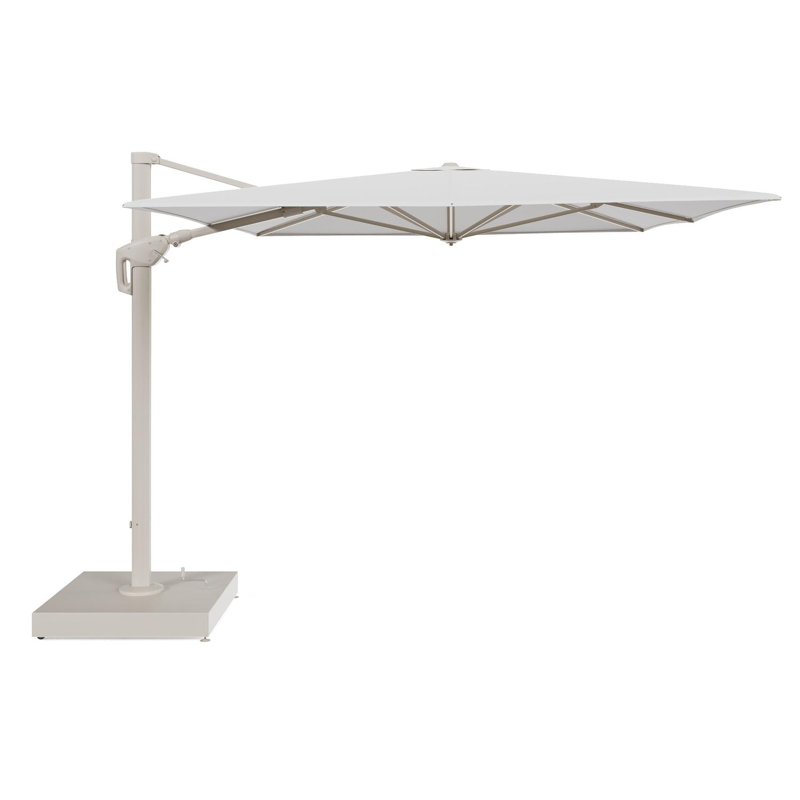 Minore zweefparasol met tiltfunctie in beige aluminium en Soul Optik All Weather Solica parasoldoek - L1 400 x L2 300 cm met parasolvoet Minore 260 kg met wielen