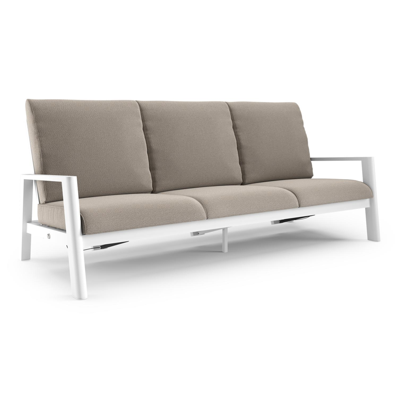 Canapé de jardin Cirello en aluminium blanc et coussins en all weather sunbrella® luxe savane coconut