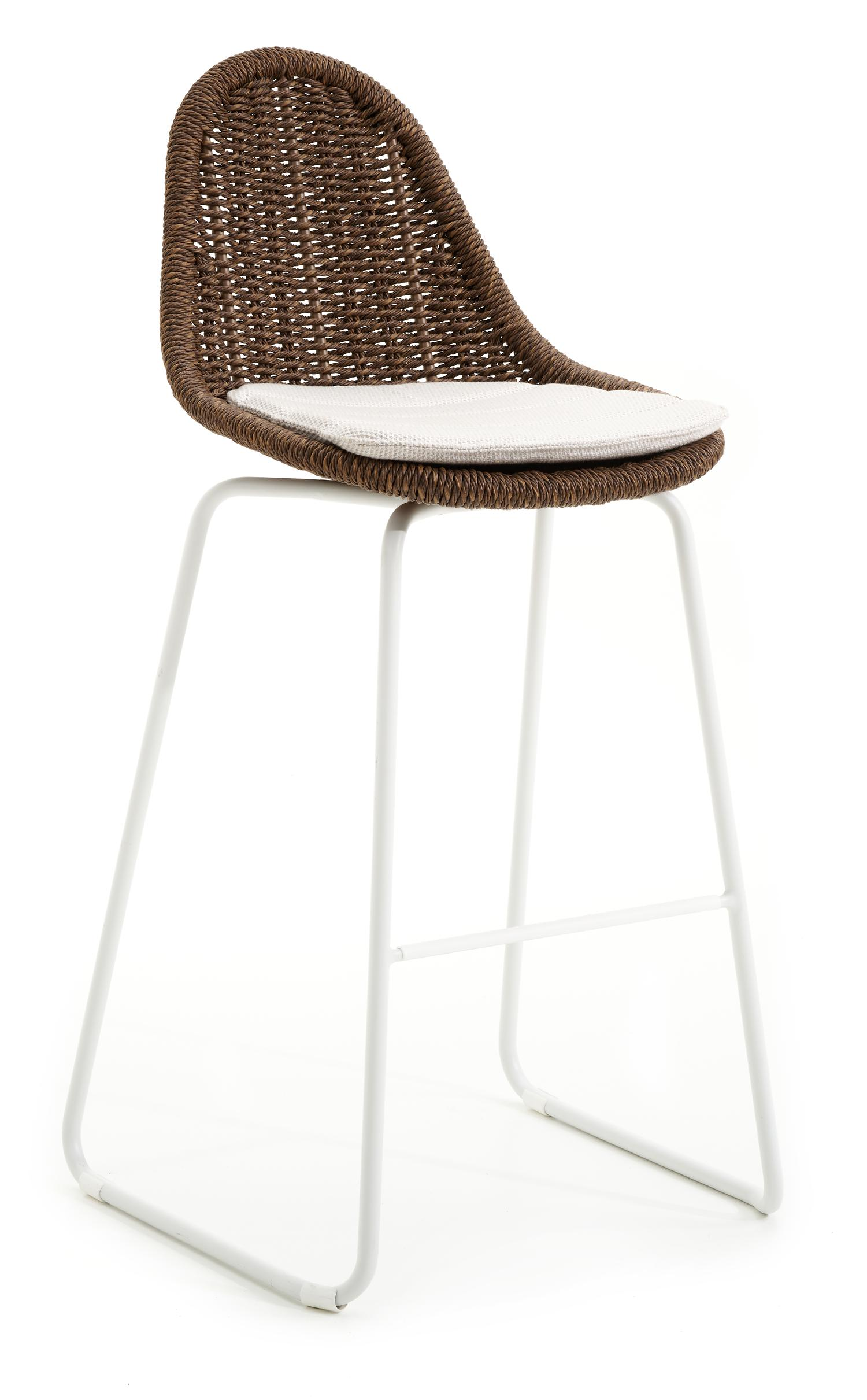 Tabouret de bar Pagino en aluminium blanc et résine tressée ronde brun avec coussin en lopi marble all weather sunbrella® luxe