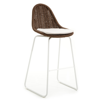 Tabouret de bar Pagino en aluminium blanc et résine tressée ronde brun avec coussin en lopi marble all weather sunbrella® luxe