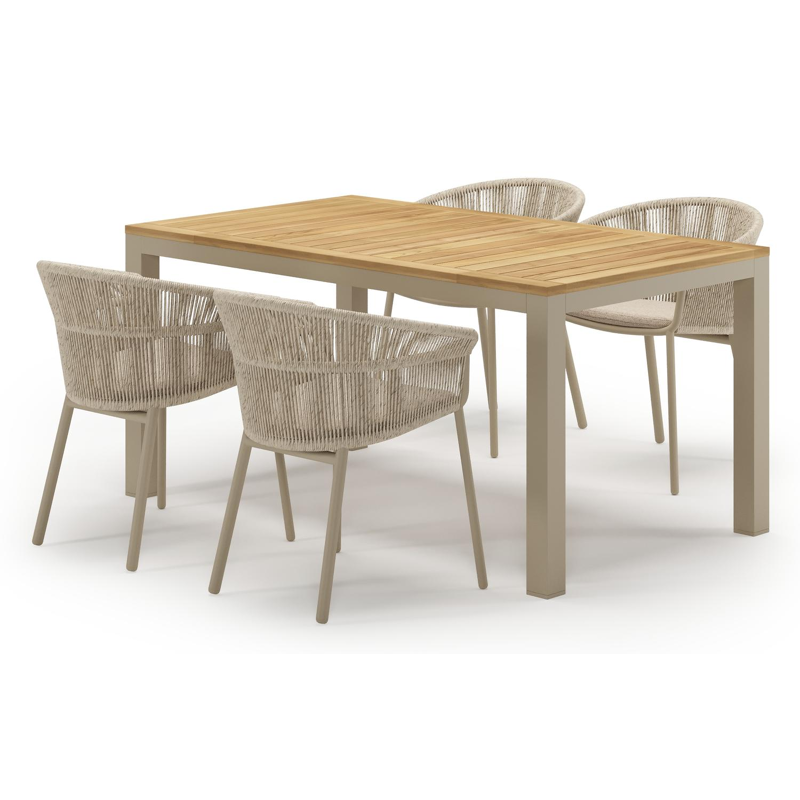 Varese tuinset in beige aluminium en teak met 4 stapelbare Matera tuinstoelen