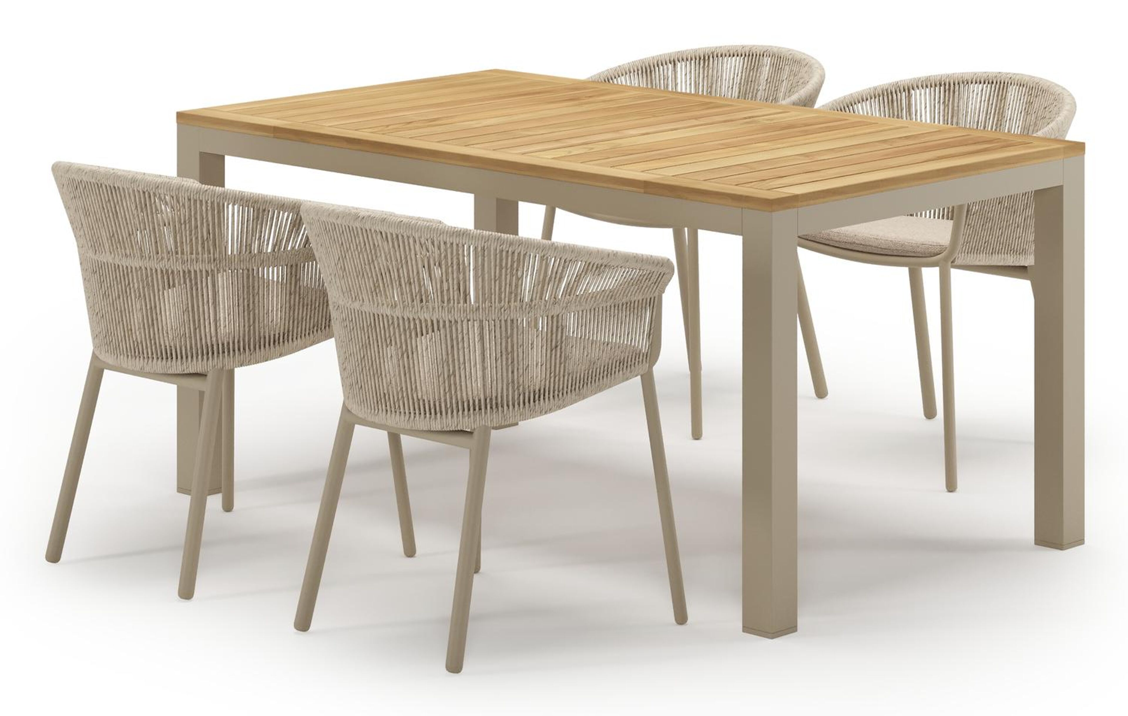 Varese tuinset in beige aluminium en teak met 4 stapelbare Matera tuinstoelen