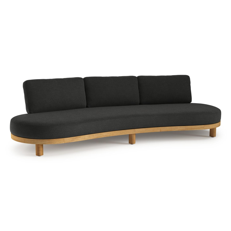 Donato loungebank in teak en beige verticaal geweven ronde rope met all weather sunbrella® luxe Chartres Sooty kussen