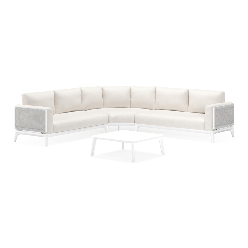 Mosa loungehoek in wit aluminium en wit-grijs gedraaide ronde wicker met sand weather+ softtouch kussens en loungetafel