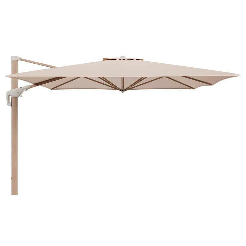 Parasol pendant Minore avec fonction tilt en aluminium aspect de bois et toile de parasol All Weather Sunbrella® Luxe Natte Linen Chalk - Lg1 350 x Lg2 350 cm (sans pied de parasol
