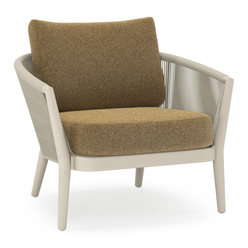 Fauteuil de jardin Orso en aluminium beige en corde ronde tissée verticalement beige et coussins en all weather cosytica Madagascar Walnut