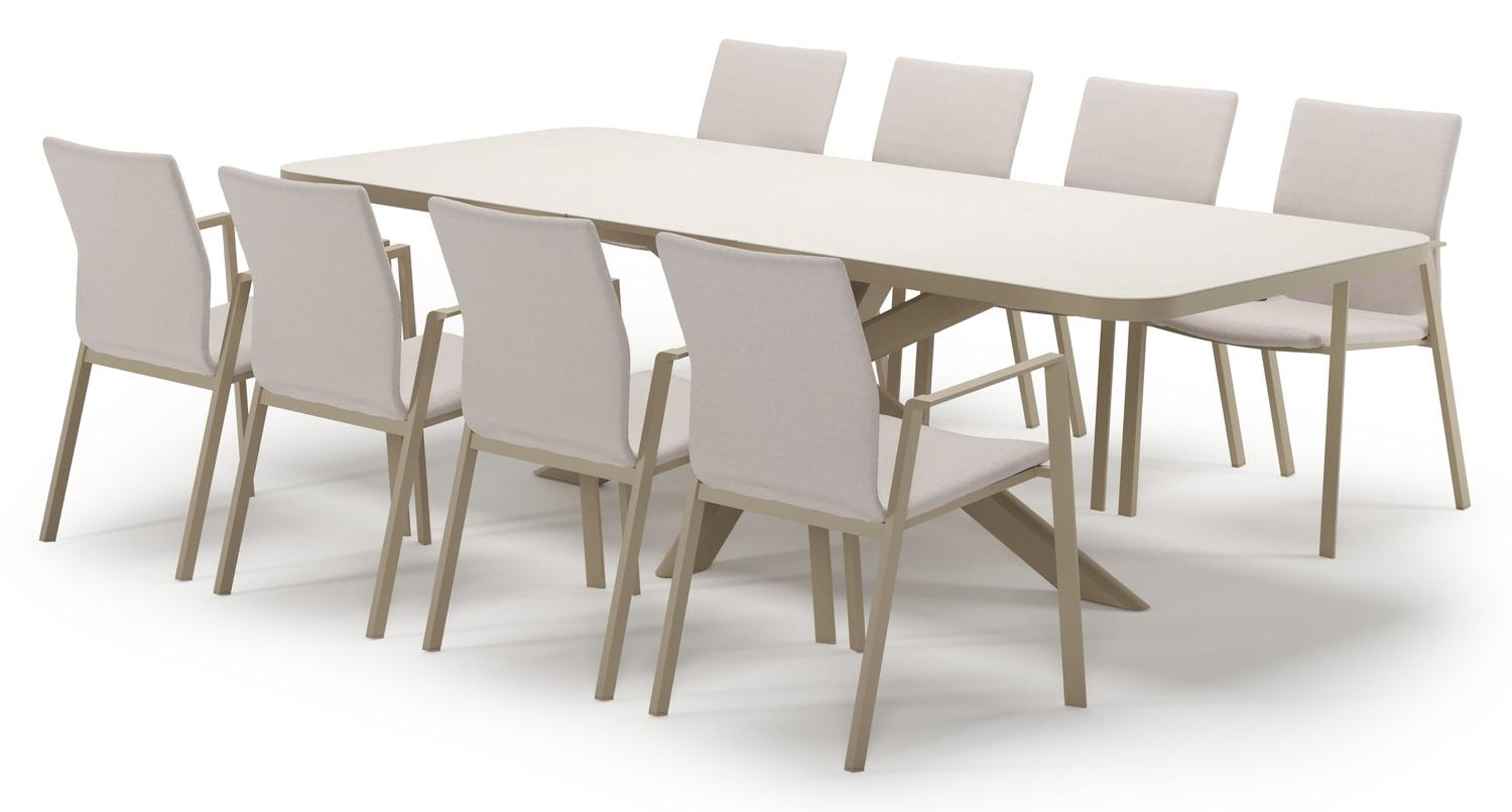 Estella verlengbare tuinset rechthoekig in beige aluminium en sintered stone Crema minerale met 8 Madura tuinstoelen