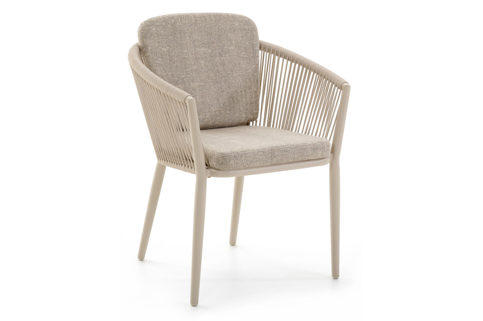 Orso stapelbare tuinstoel in beige aluminium en beige verticaal geweven ronde rope met kussen in All Weather Sunbrella® Luxe Chartres Pewter