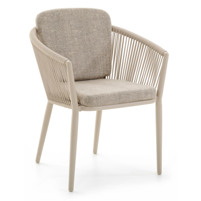 Orso stapelbare tuinstoel in beige aluminium en beige verticaal geweven ronde rope met kussen in All Weather Sunbrella® Luxe Chartres Pewter