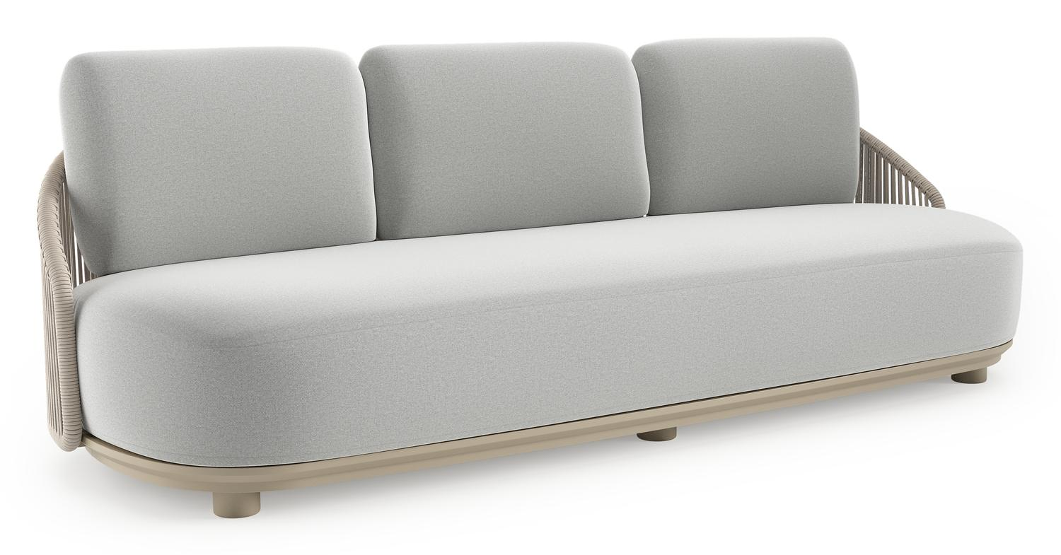 Canapé de jardin Vadelo en aluminium beige et corde ronde tissée verticalement beige et coussins en all weather sunbrella® luxe natte grey chine