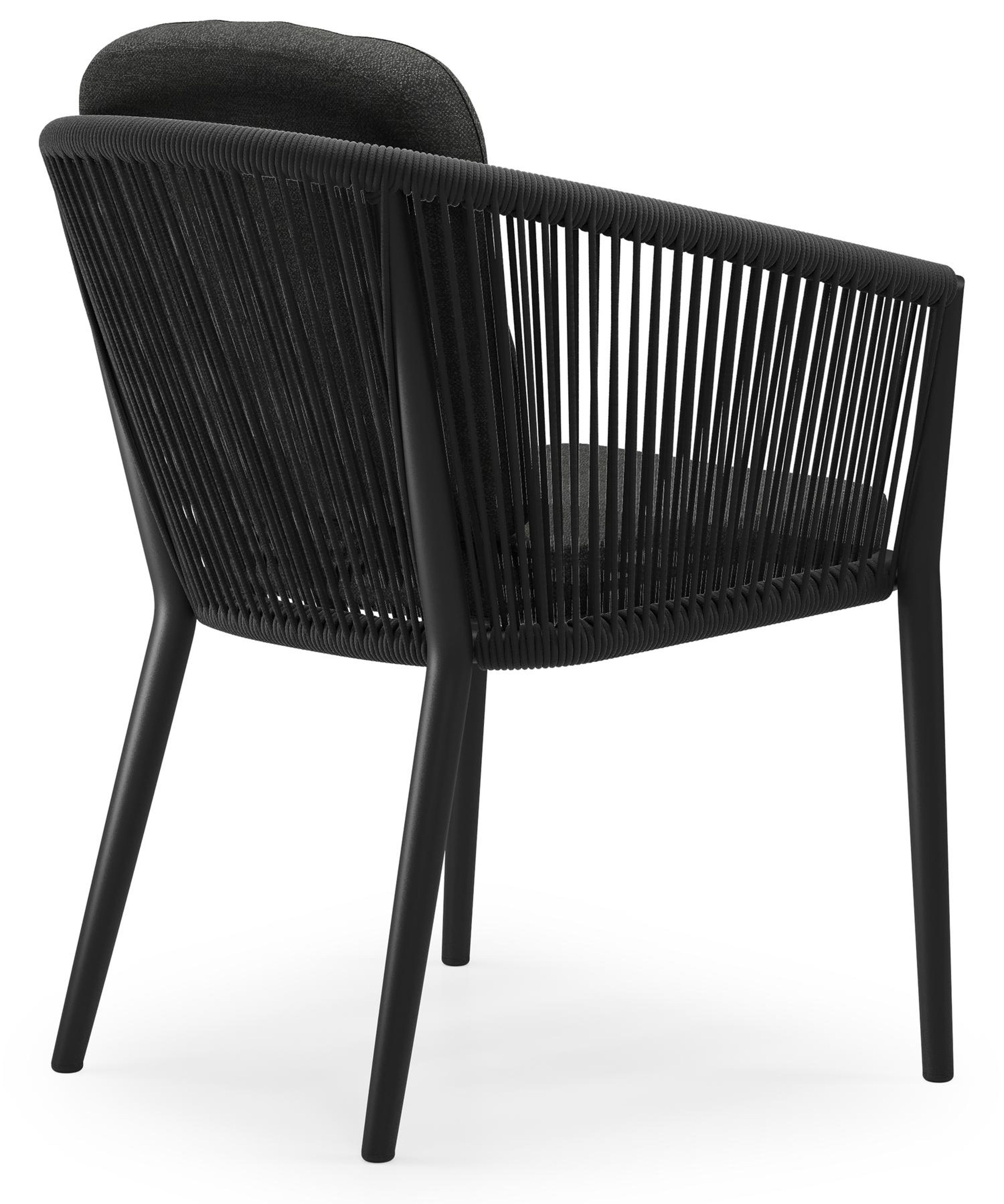 Orso tuinstoel in zwart aluminium en zwart verticaal geweven ronde rope met luxe zitkussen in All Weather Sunbrella® Luxe Chartres Sooty