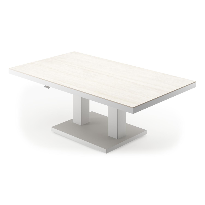 Cirello pop-up loungetafel rechthoekig in wit aluminium en volkeramiek Travertino Bianco - L 140 x B 80 x H 49.7 cm
