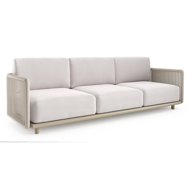 Organo loungebank in beige aluminium en beige verticaal geweven luxe vlakke rope met savane whisper all weather Sunbrella® luxe kussen