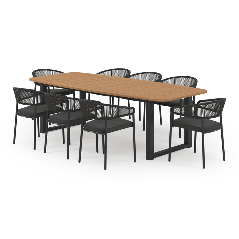 Ensemble de jardin Livo en aluminium noir avec plateau de table en teck natural finish et 8 chaises de jardin empilables Zamora