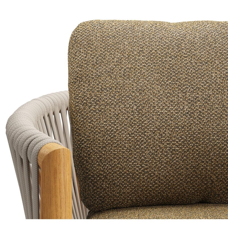 Organo tuinstoel in teak en beige verticaal geweven luxe vlakke rope met zitkussen in All Weather Cosytica Madagascar Walnut